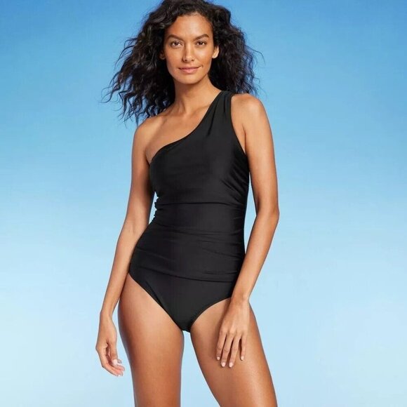 Kona Sol Medium 8-10 Black One Shoulder Full Coverage Ruched 1 Piece Swimsuit - Picture 1 of 5